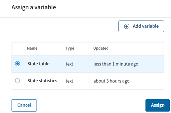 [Assign a variable] (変数を割り当て)ウィンドウで、新しい変数が選択され、[Assign] (割り当て)ボタンが有効になります。