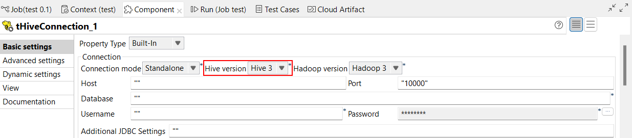 標準ジョブでのHiveコンポーネントの[Basics settings] (基本設定)ビュー。