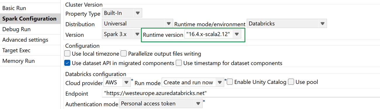 Spark設定でのDatabricks 16.4 LTSとSpark Universal 3.x。