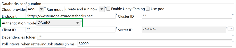 Databricks接続設定におけるOAuth2認証用のフィールド。