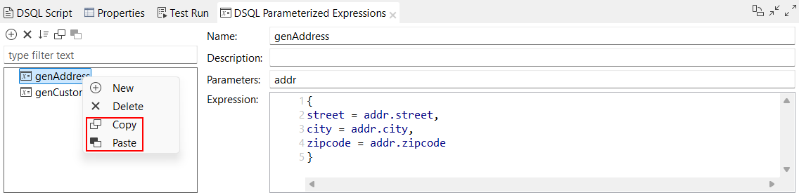 パラメーター化済みであるgenAddress式を右クリックし、[Copy] (コピー)オプションと[Paste] (貼り付け)オプションが強調表示されている状態。
