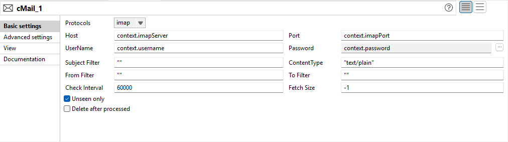 cMailの[Basic settings] (基本設定)ビュー。