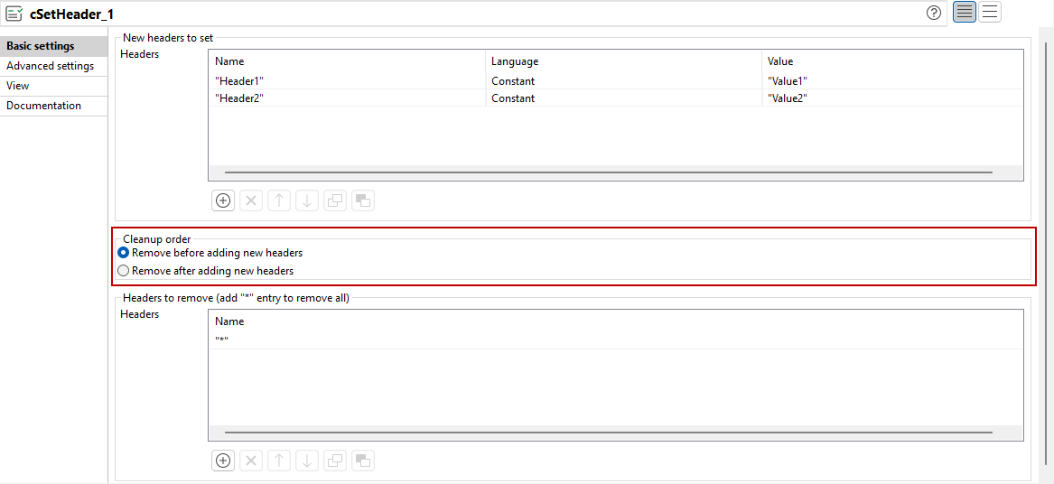 cSetHeaderの[Basic settings] (基本設定)ビュー。