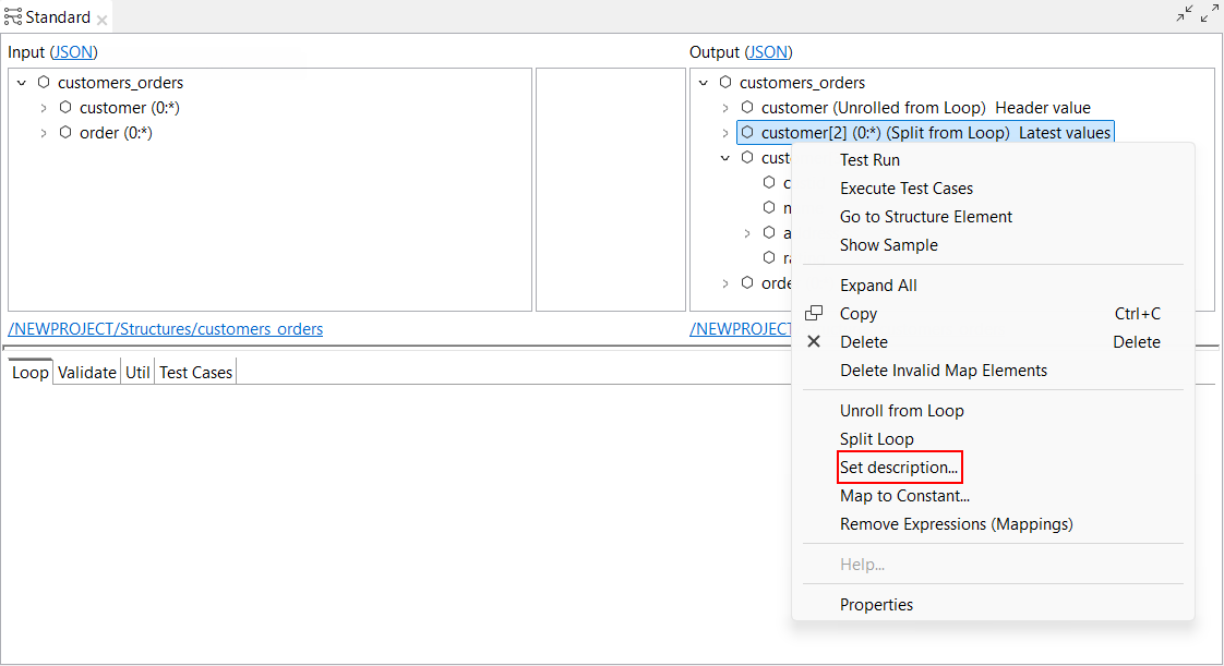 分割ループを右クリックし、[Set description...] (説明を設定...)パラメーターが強調表示されている状態。