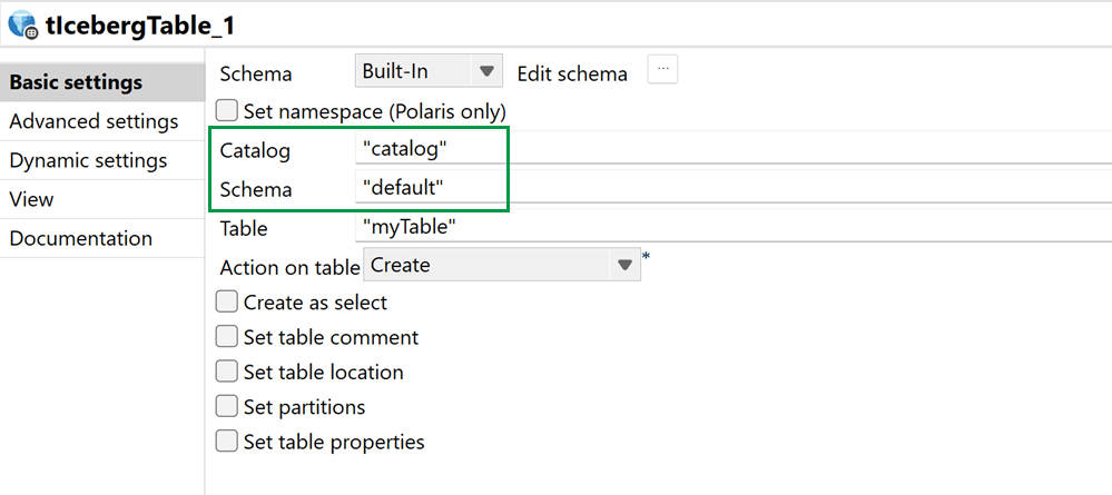 tIcebergTableコンポーネントの基本設定タブで使用できる[カタログ]および[スキーマ]パラメーター。