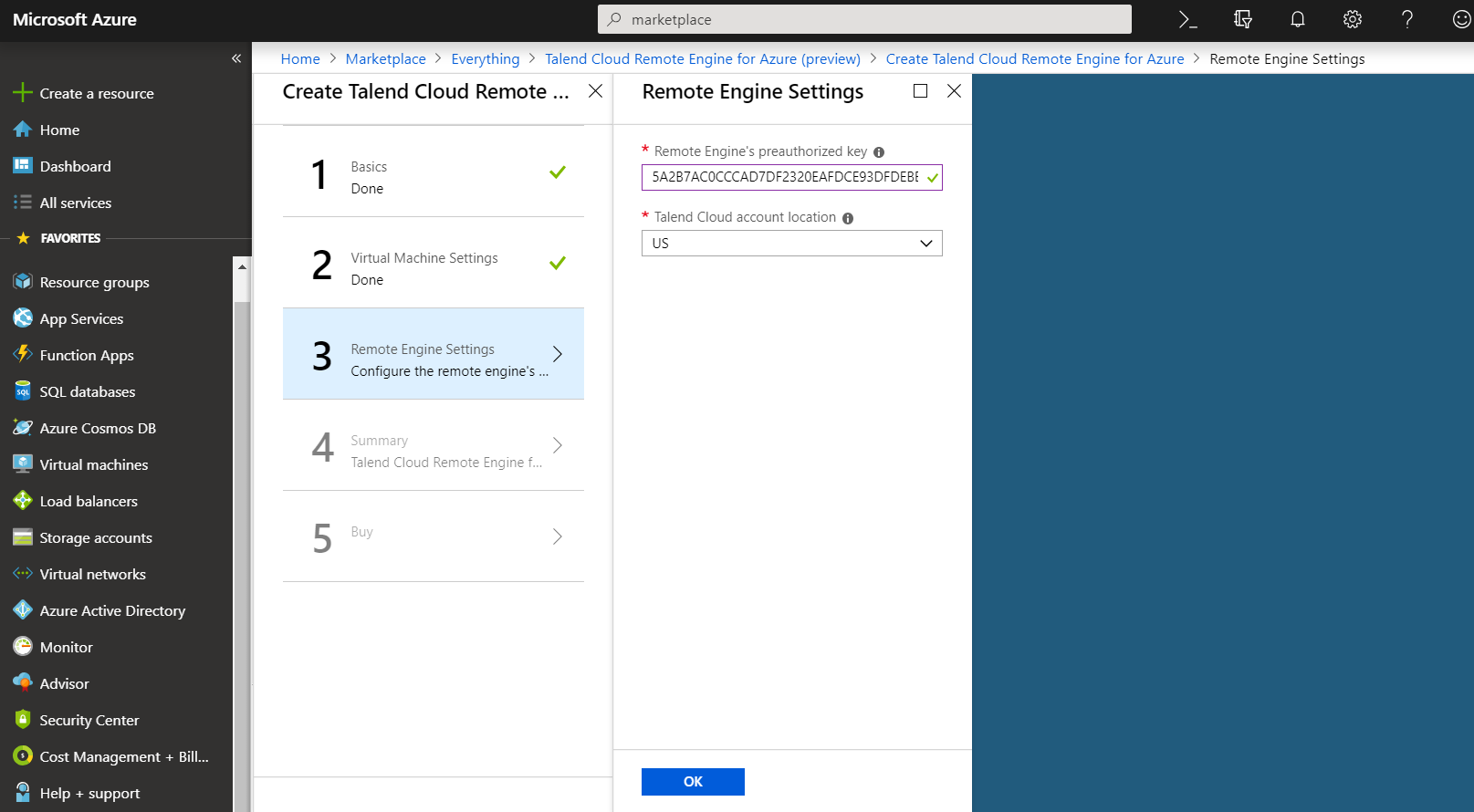 Microsoft AzureプラットフォームにおけるTalend Cloudアカウントの場所のスクリーンショット。