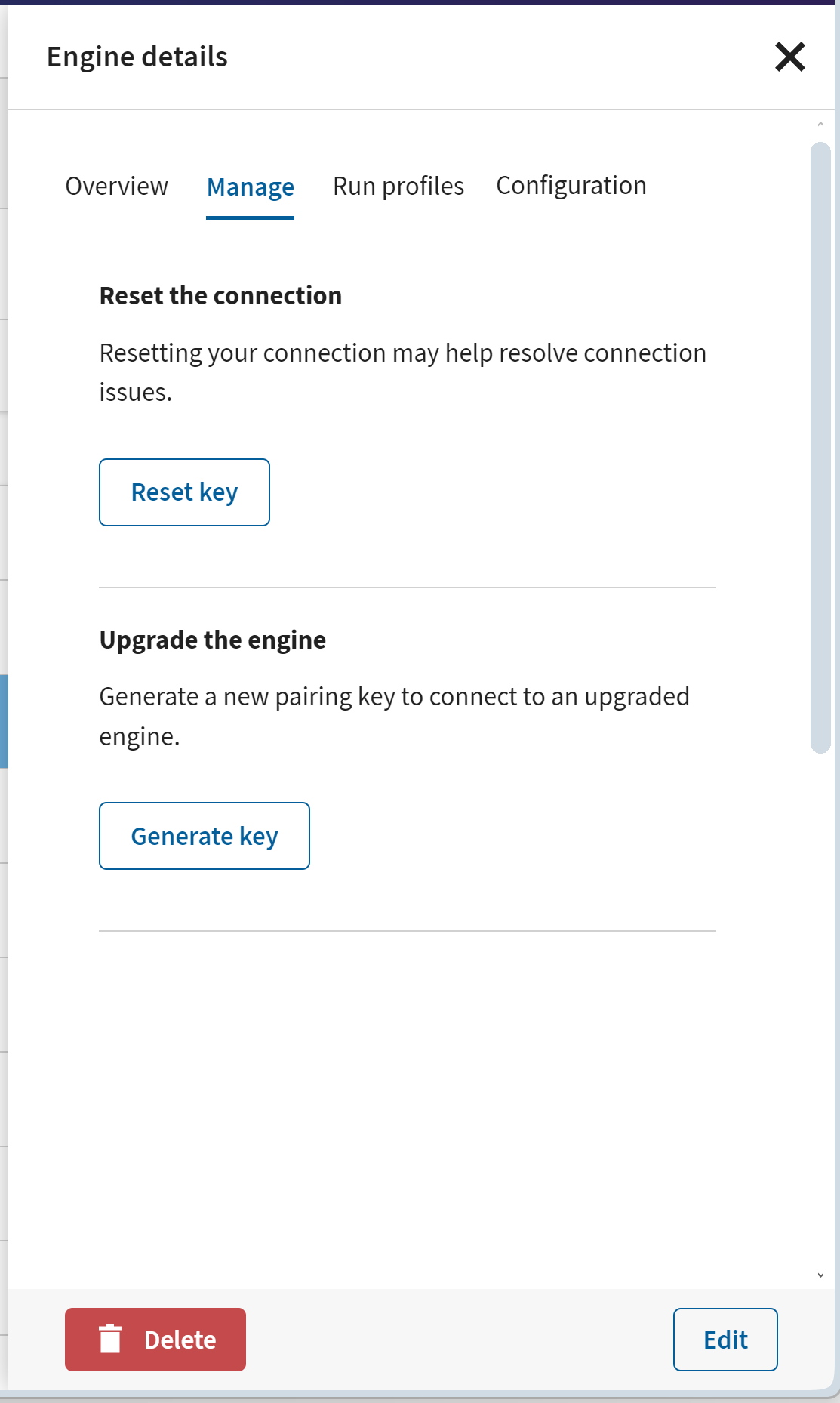 Remote Engineペアリングキーのリセットのスクリーンショット。