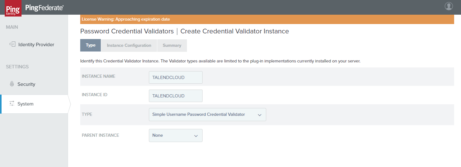 この例では、Instance nameとInstance IDの値はTALENDCLOUDです。[Parent instance] (親インスタンス)は[None] (なし)に設定されています。