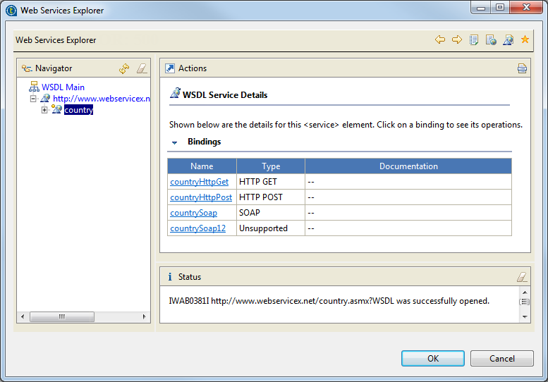 [Web Services Explorer] (Webサービスエクスプローラー)ダイアログボックスで詳細が開かれている状態。