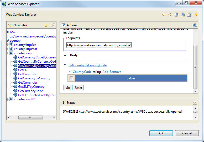 [Web Services Explorer] (Webサービスエクスプローラー)ダイアログボックスでアクションが開かれている状態。