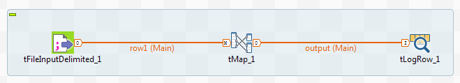 tFileInputDelimitedコンポーネント、tMapコンポーネント、tLogRowコンポーネントを使ったジョブの例。