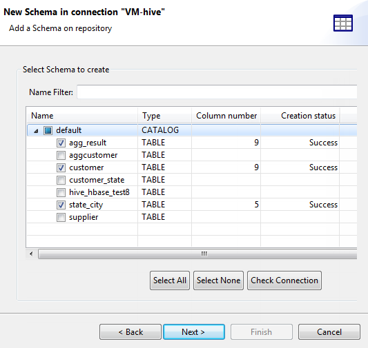 [New Schema in connection "VM-Hive"] ("VM-Hive”接続での新しいスキーマ)ダイアログボックスに、選択するスキーマが表示されている状態。