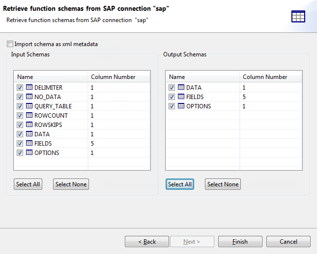 [Retrieve function schemas from SAP connection] (SAP接続からファンクションスキーマを取得)ダイアログボックス。