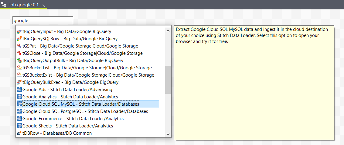 デザインワークスペースでの"Google"という用語の検索結果。このリストには、Google Cloud SQL MySQL - Stitch Data Loader/データベースコネクターが含まれています。