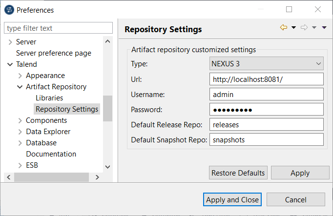 [Preferences] (環境設定)ダイアログボックスの[Repository Settings] (リポジトリー設定)セクション。