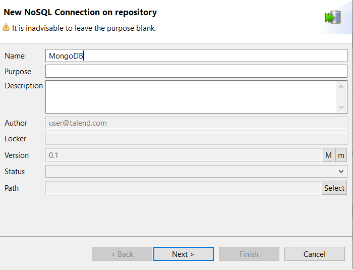 [New NoSQL Connection on repository] (リポジトリーでの新しいNoSQL接続)ダイアログボックスに一般的なプロパティが表示されている状態。