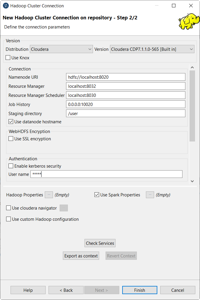 [New Hadoop Cluster Connection on repository - Step 2/2] (リポジトリーでの新しいHadoopクラスター接続 - ステップ2/2)ダイアログボックス。