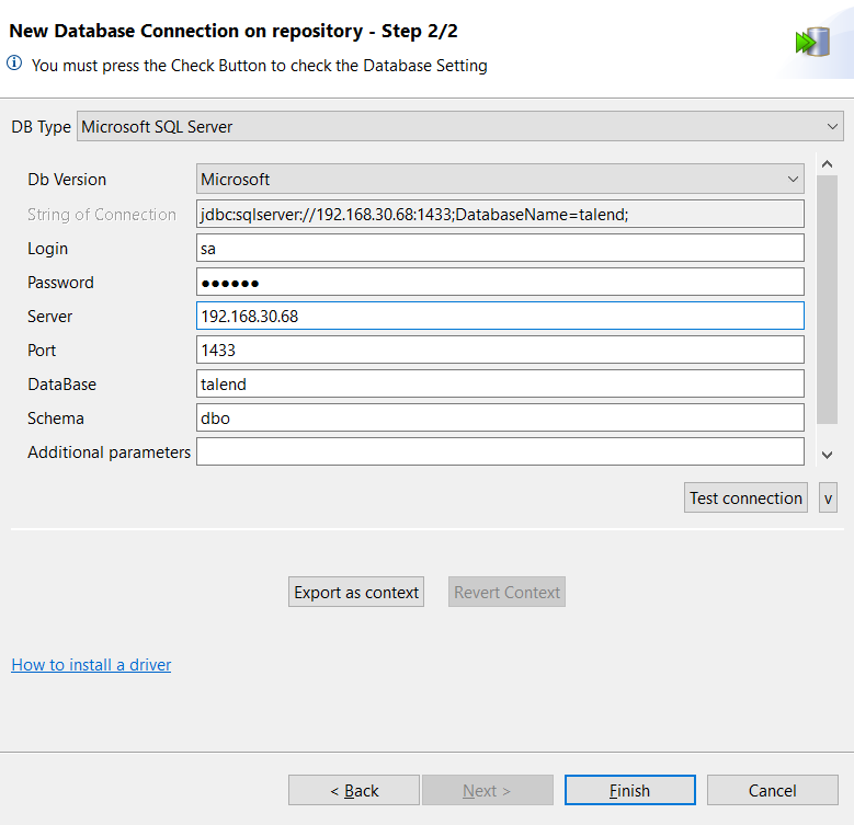 [New Database Connection on repository - Step 2/2] (リポジトリーでの新しいデータベース接続 - ステップ2/2)ダイアログボックス。