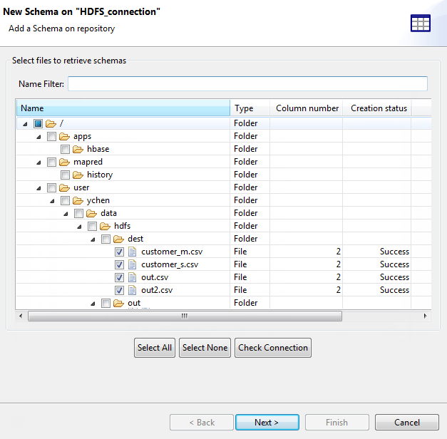 [New Schema on "HDFS_Connection"] ("HDFS_Connection"での新しいスキーマ)ダイアログボックスに、スキーマを取得するファイルが表示されている状態。