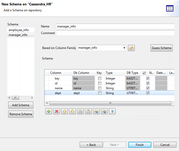 [New Schema on "Cassandra_HR"] ("Cassandra_HR"での新しいスキーマ)ダイアログボックスに、リポジトリーに追加されたスキーマが表示されている状態。