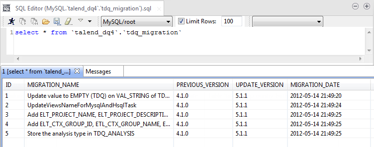 SQLエディターでの移行情報の概要。