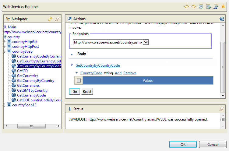[Web Services Explorer] (Webサービスエクスプローラー)ダイアログボックスでアクションが開かれている状態。