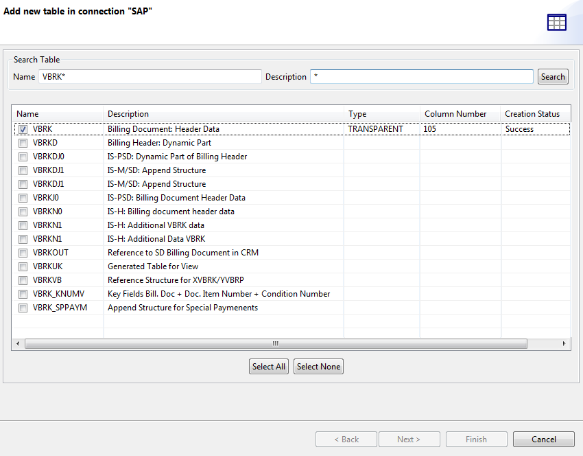 [Add new table in connection "SAP"] ("SAP"接続で新しいテーブルを追加)ダイアログボックス。