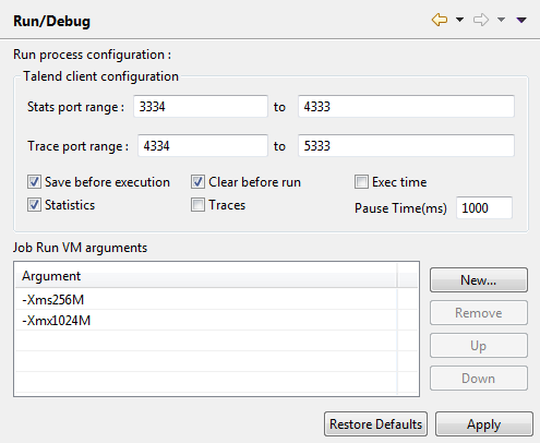 [Preferences] (環境設定)ダイアログボックス内の[Run/Debug] (実行/デバッグ)設定。