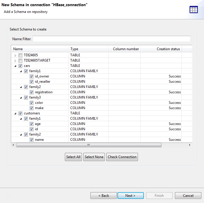 [New Schema in connection "HBase_connection"] ("HBase_connection”接続での新しいスキーマ)ダイアログボックスに、選択するスキーマが表示されている状態。