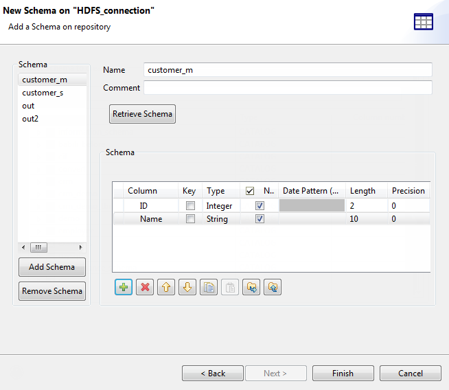 [New Schema on "HDFS_Connection"] ("HDFS_Connection"での新しいスキーマ)ダイアログボックスに、リポジトリーに追加されたスキーマが表示されている状態。