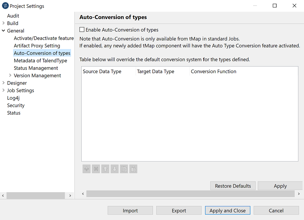 [Project settings] (プロジェクト設定)からの[Auto-Conversion of types] (データ型の自動変換)ビュー。