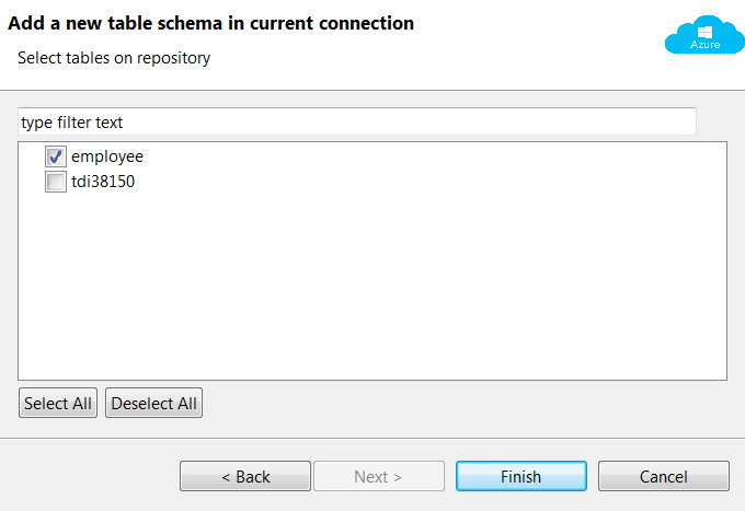 [Add a new table schema in current connection] (現在の接続に新しいテーブルスキーマを追加)ダイアログボックス。