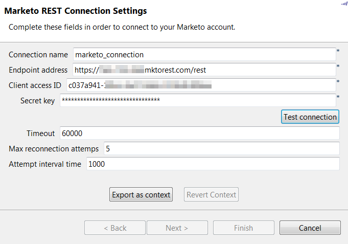 [Marketo REST Connection Settings] (Marketo REST接続設定)ダイアログボックス。