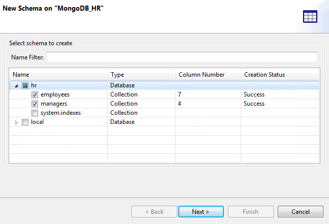 [New Schema on "MongoDB_HR"] ("MongoDB_HR"での新しいスキーマ)ダイアログボックスに、作成されるスキーマが表示されている状態。