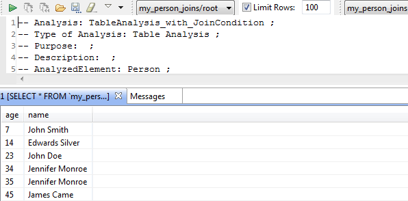 SQLエディターにおける分析された行のリスト。