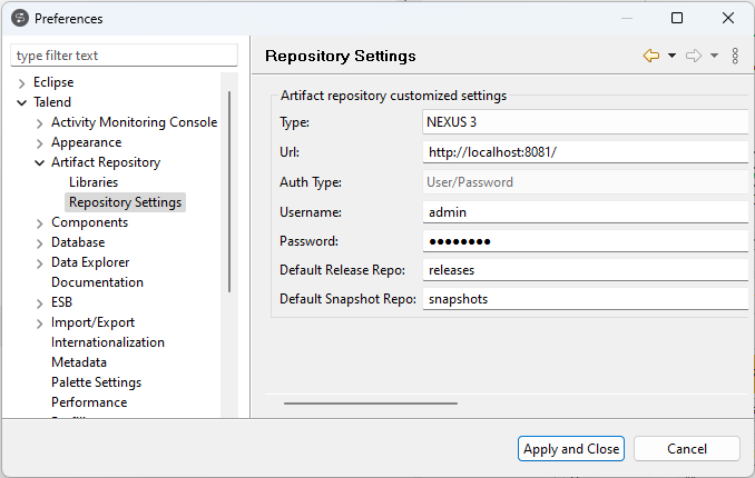 [Preferences] (環境設定)ダイアログボックスの[Repository Settings] (リポジトリー設定)セクション。