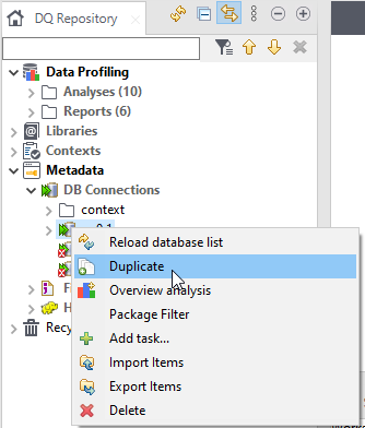 [プロファイリング]パースペクティブからのDB接続のコンテキストメニュー。