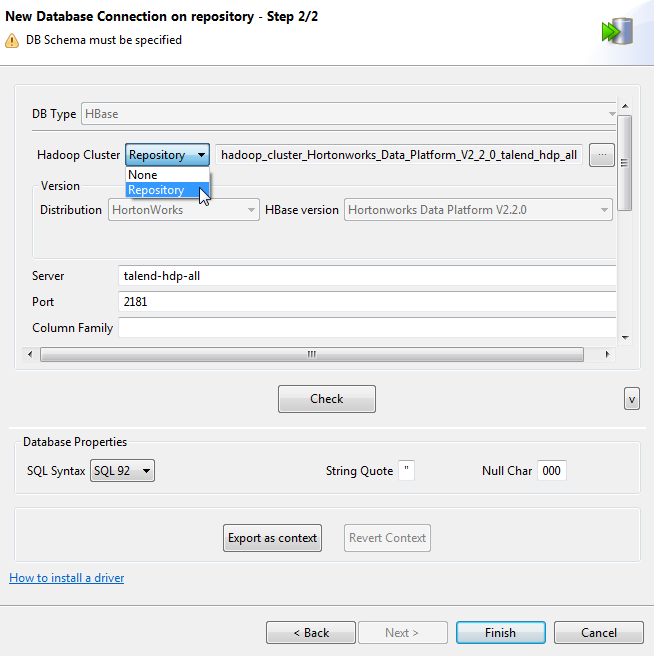 [New Database Connection on repository - Step 2/2] (リポジトリーでの新しいデータベース接続 - ステップ2/2)ダイアログボックスにHBase接続の詳細が表示されている状態。