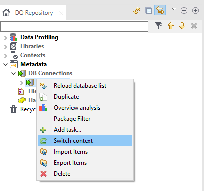 データベース接続のコンテキストメニュー。