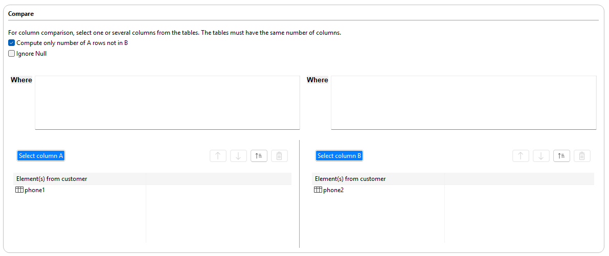 [Compare] (比較)メニューにおける列比較の概要。
