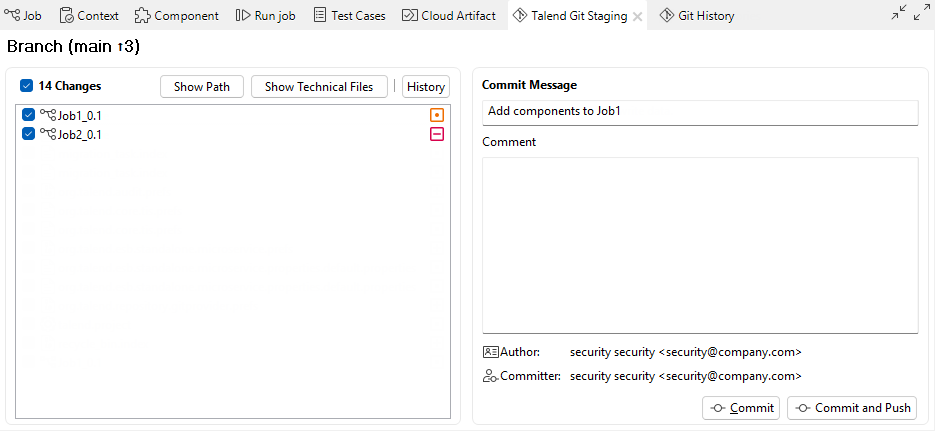 [Talend Git Staging] (Talend Gitステージング)ビュー。