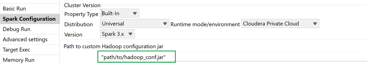[Spark Configuration] (Spark設定)ビューが開かれ、カスタムのHadoop設定JARファイルへのパスが強調表示されている状態。