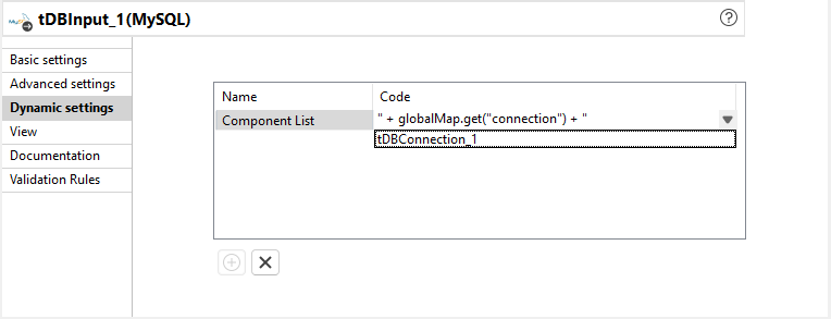 コンポーネントの[Dynamic settings] (ダイナミック設定)ビューにあるCodeカラムセルドロップダウンリスト。