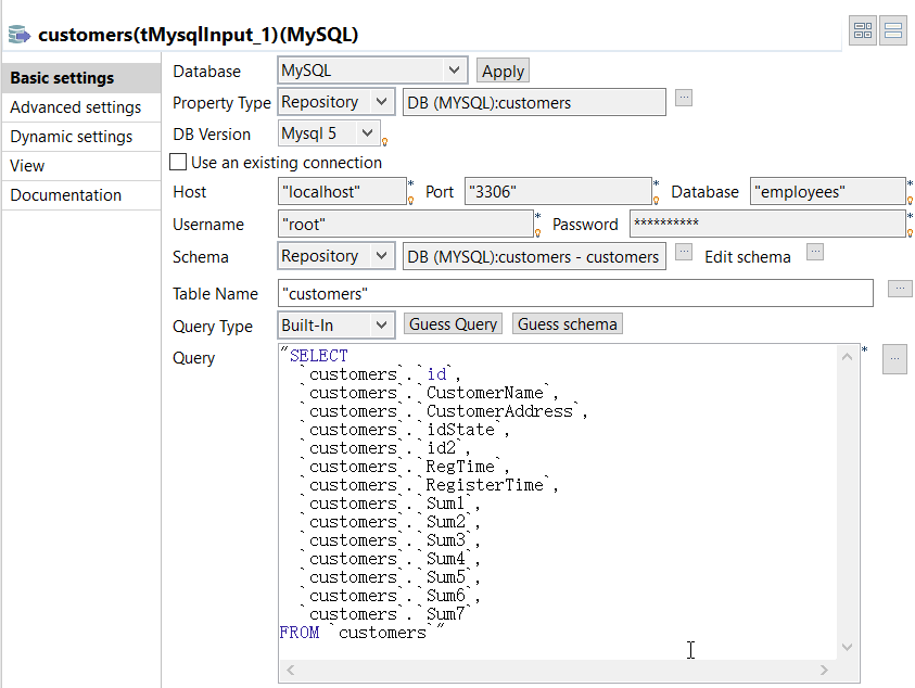コンポーネントの[Basic settings] (基本設定)ビュー。