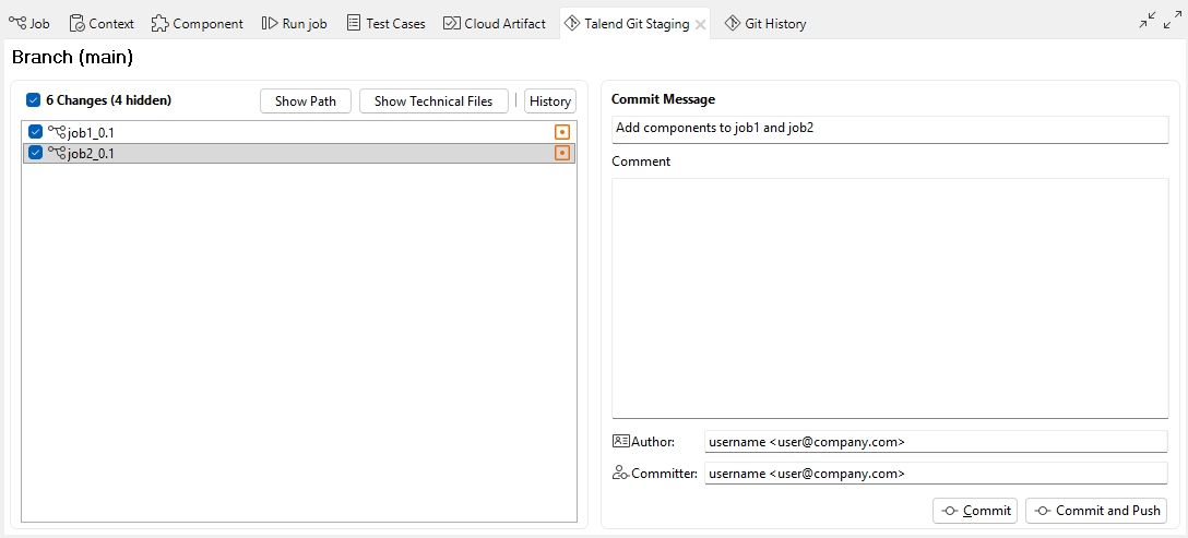 [ Git Staging] (Talend Gitステージング)ビュー。