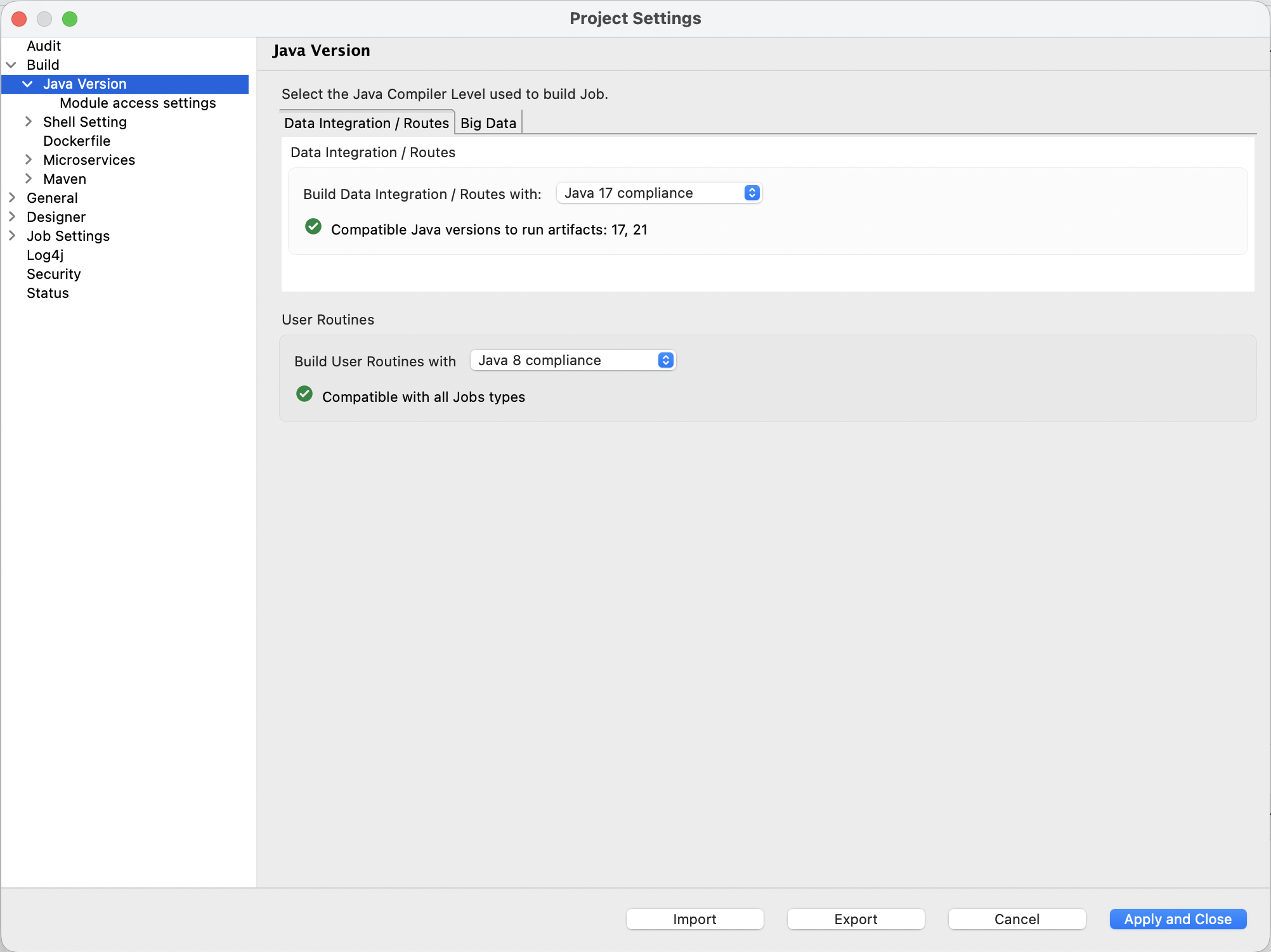 ビッグデータ機能がインストールされたJavaバージョンの設定。