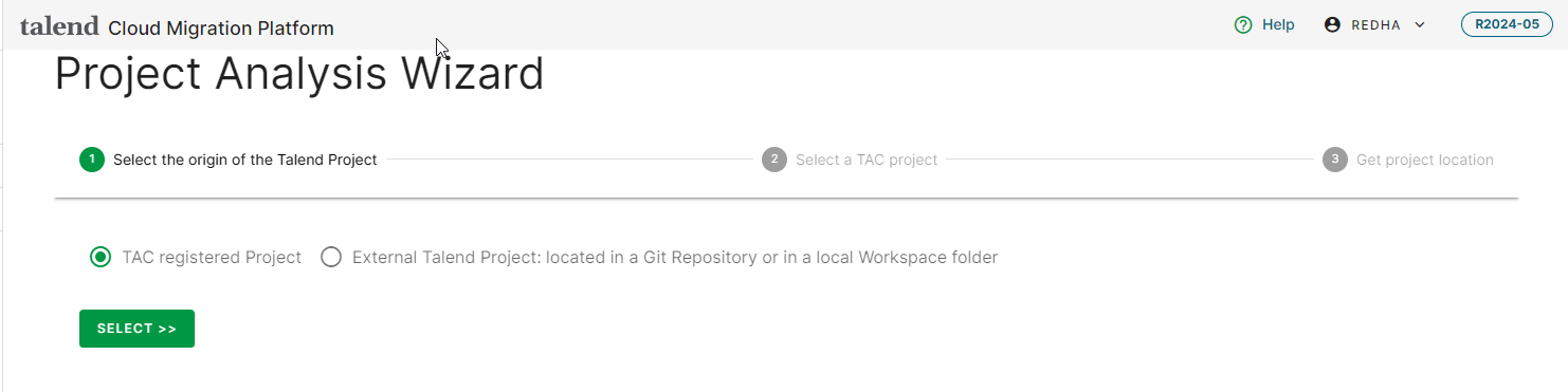 [Project Analysis] (プロジェクト分析)ウィザードの最初のステップで、Talendプロジェクトの出所を選択