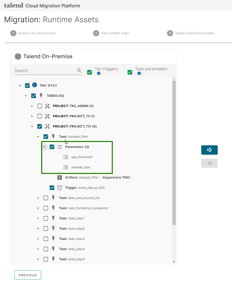 Talend Administration Centerタスクパラメーターが選択されている状態