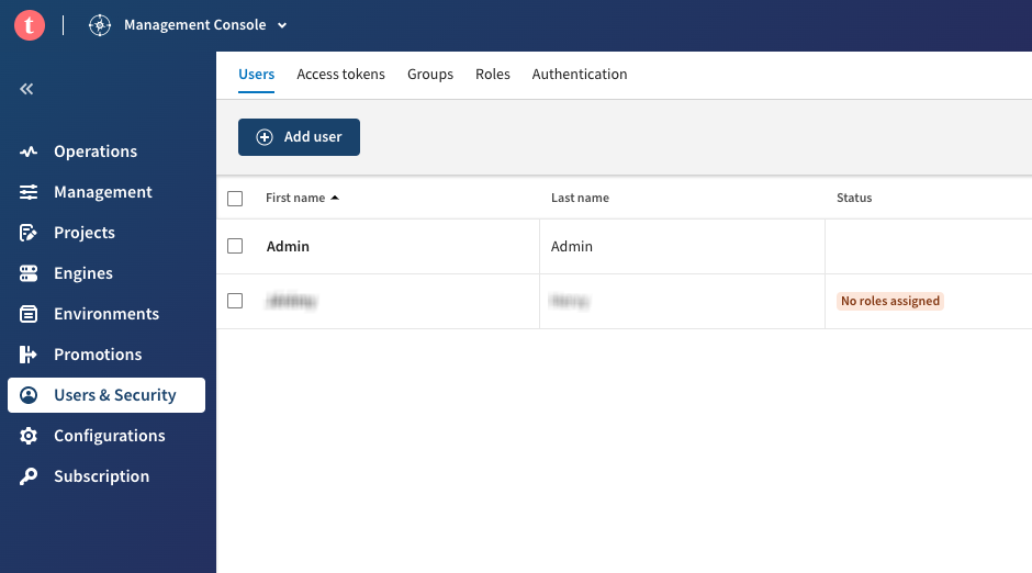 Talend Management Consoleに、同期済みアカウントのリストが[Users & Security] (ユーザーとセキュリティ)メニューの[User] (ユーザー)タブに表示されます。