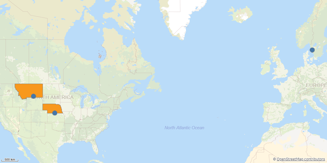 Belirli bölgeler kümesi içinde olan noktaları görüntüleyen bir harita.